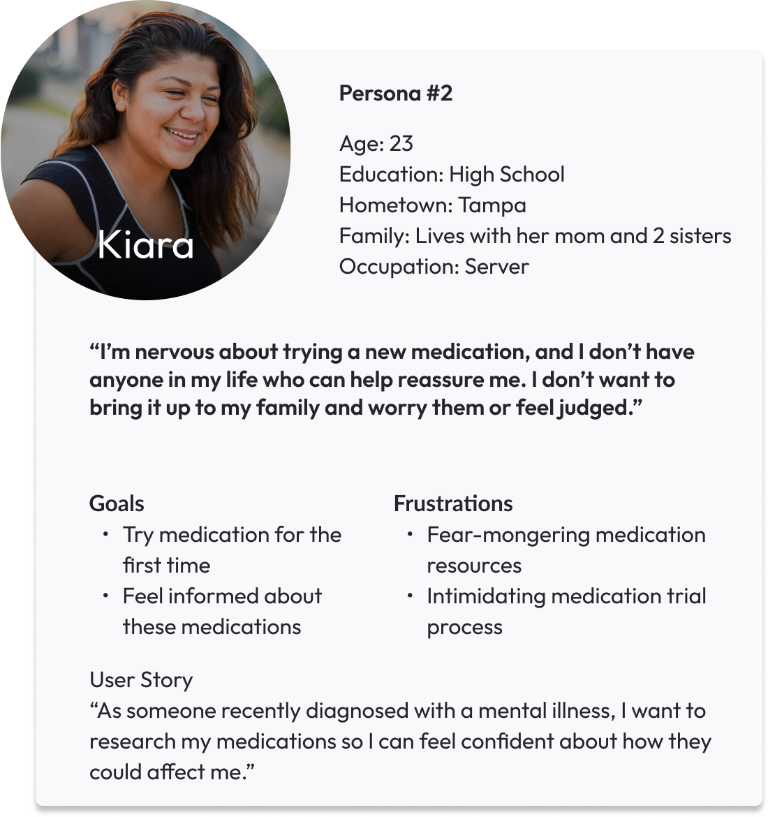 Persona profile of Kiara who is nervous about trying a new medication due to social pressures and lack of awareness.
