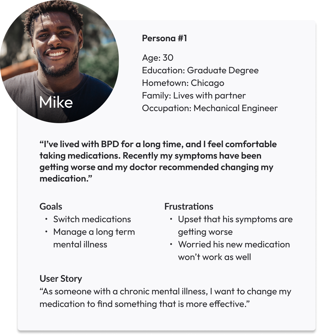 Persona profile of Mike who has managed a mental illness for a long time but needs to change his medications.