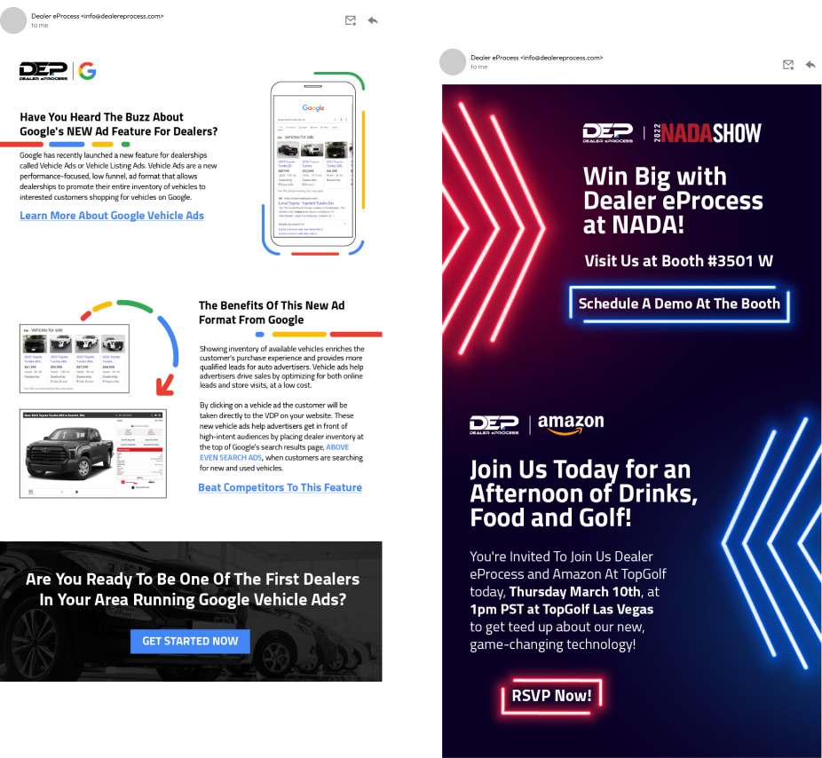 Email mockups of a Google Ads infographic and a NADA event invitation.