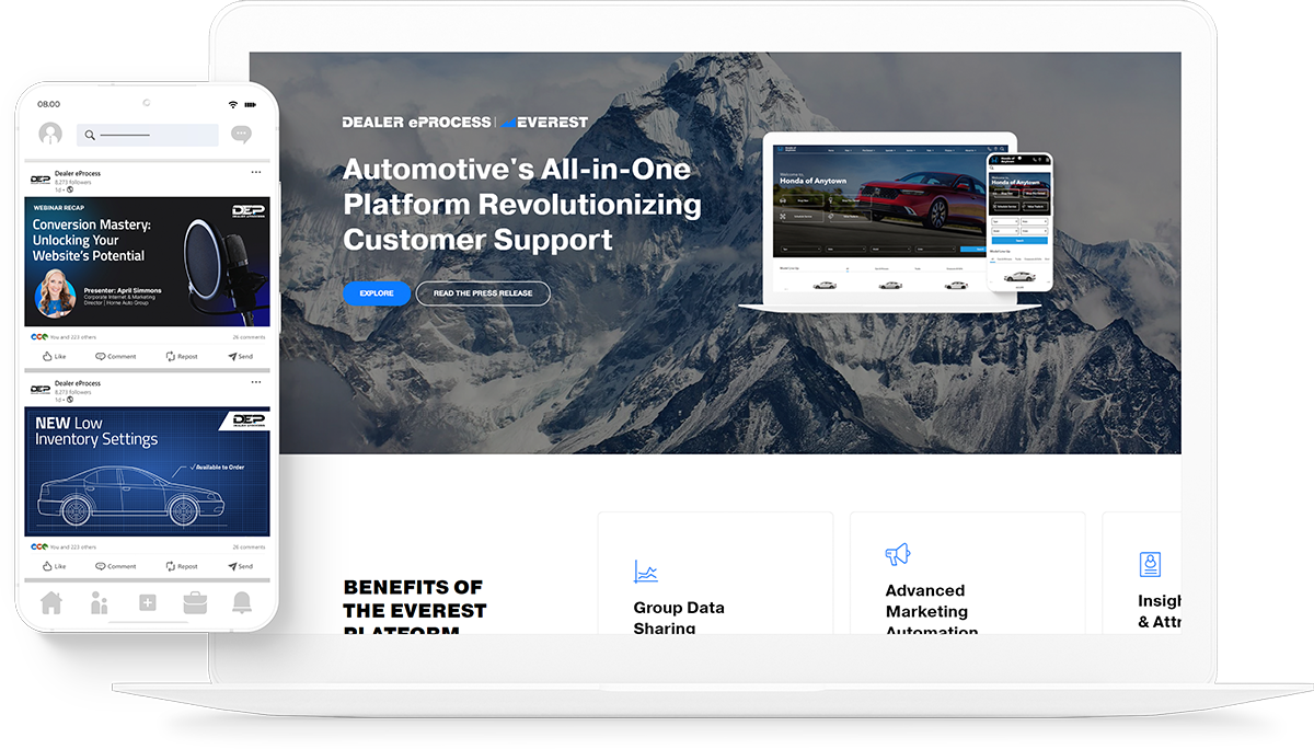 Mockup of the Dealer eProcess website and social media posts.