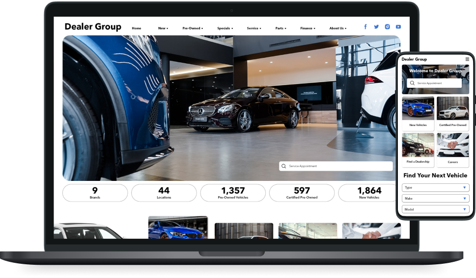 Car dealership group website laptop mockup.