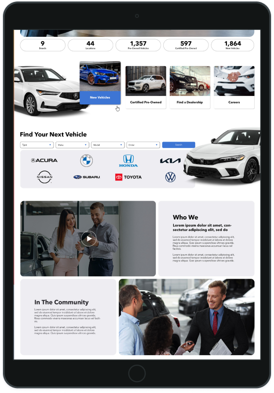 Car dealership group website on a tablet.