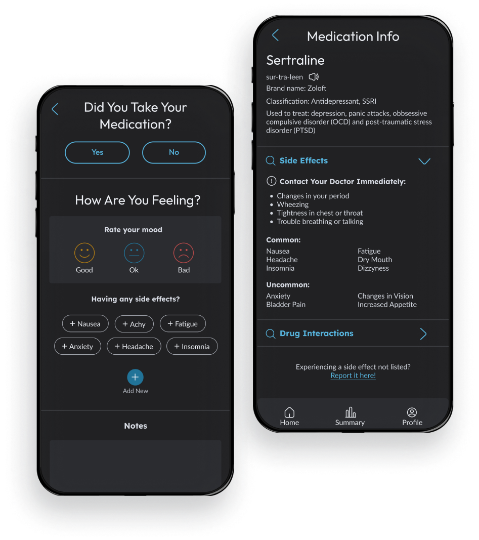 Medication tracker and information database app mockup.