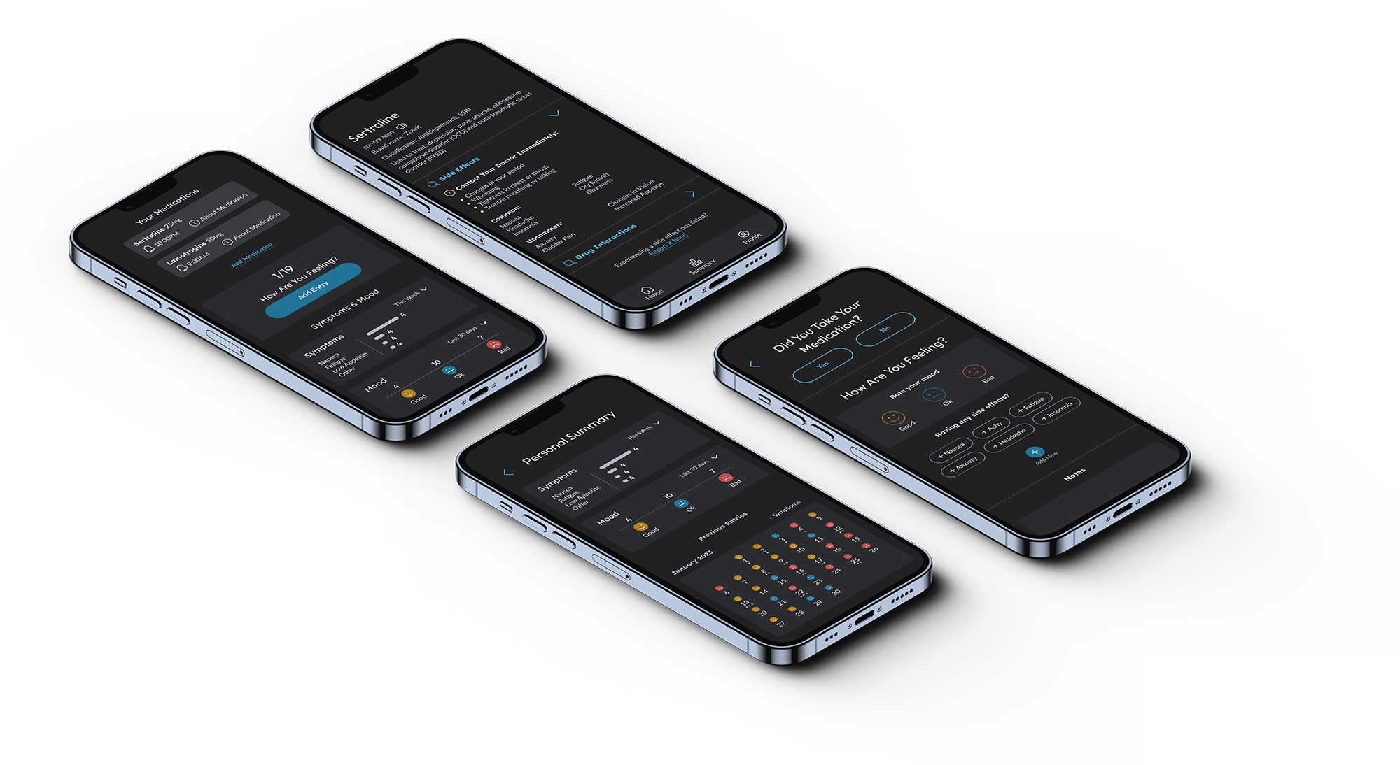 Mockups of a medication tracker app.