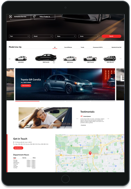 Toyota dealership website on a tablet.